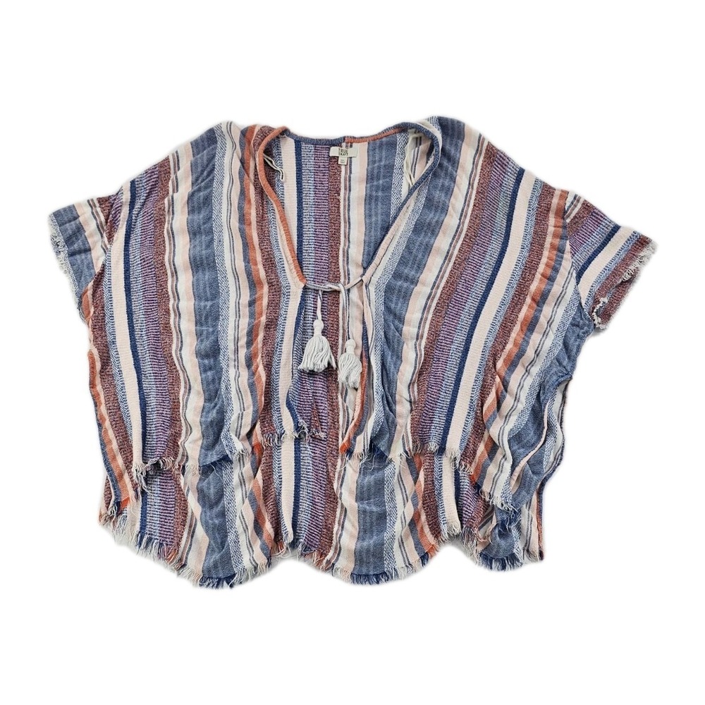 True Craft Women's Open Front Cardigan M/L Striped Pockets Tassels Fringe Comfy